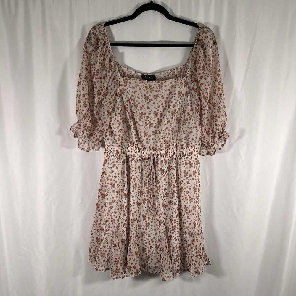 New Francesca's Knee Length Dress Womens XL Beige Floral Semi Sheer Short Sleeve